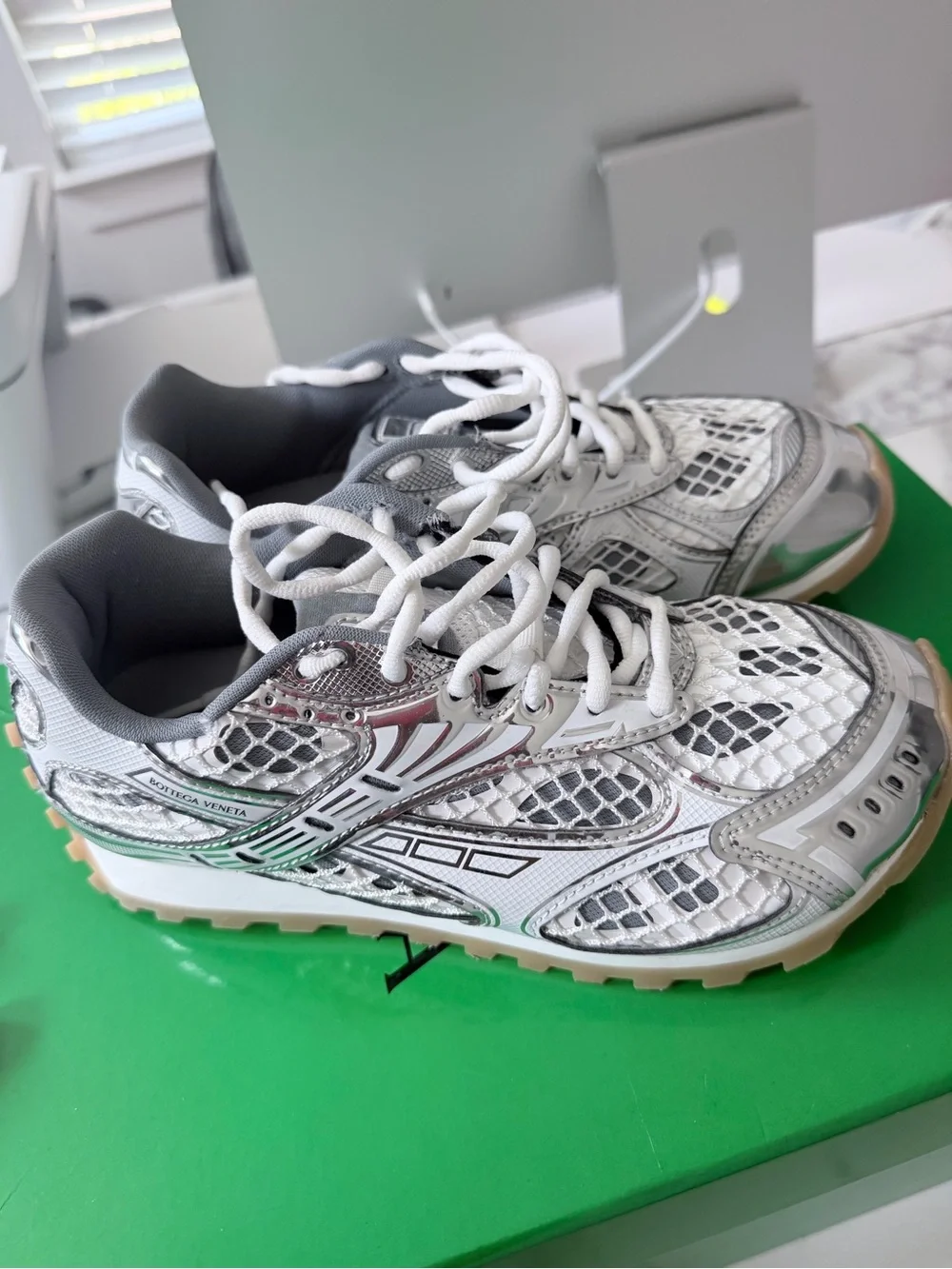 Bottega Veneta Silver, White & Green Kids Sneakers